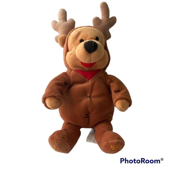 Disney Exclusive Reindeer Pooh Plush 1999 Christmas Beanbag Stuffed Animal - Picture 1 of 13